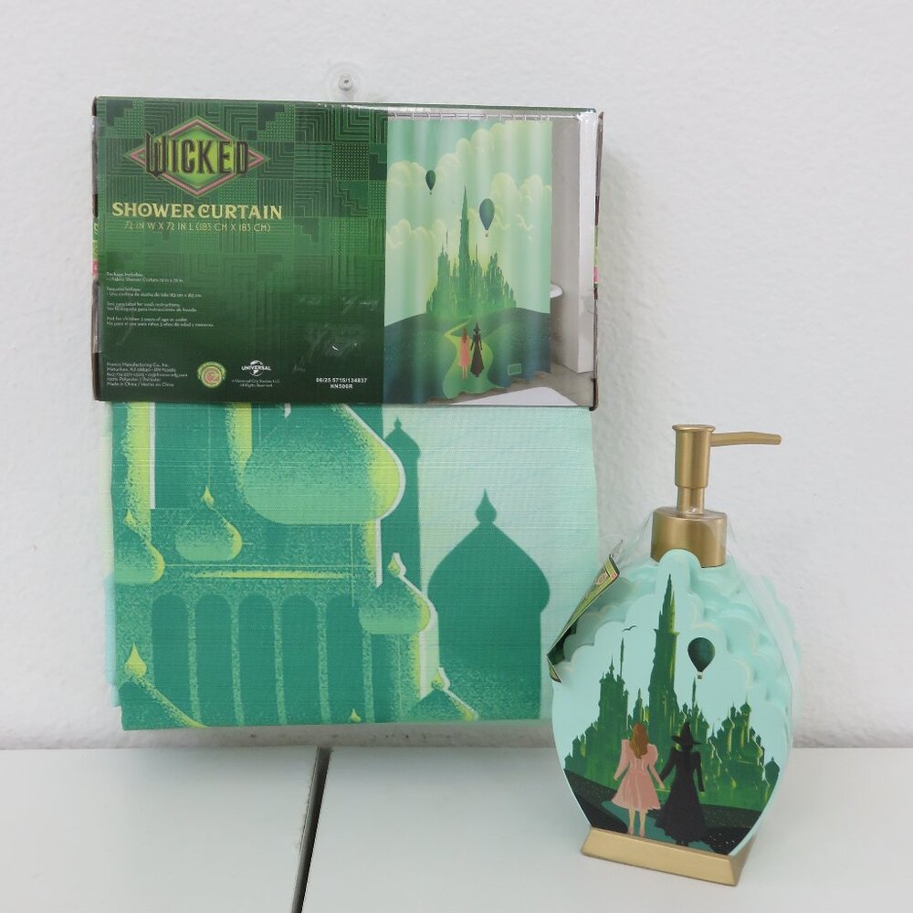 (#118) Wicked Glinda And Elphaba Soap Lotion Dispenser & Shower Curtain Set